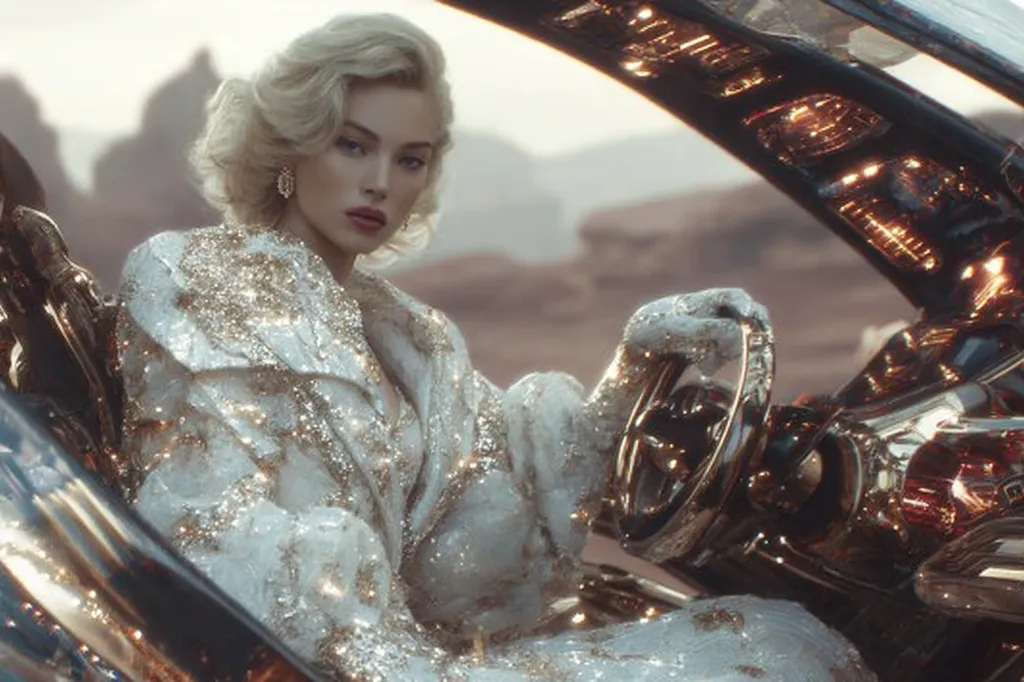 A glamorous woman with platinum blonde, victory-roll hairstyle sits behind the wheel of a futuristic, metallic vehicle.  She's dressed in a sparkling, light-colored, long-sleeved coat, adorned with gold detailing. The desert landscape is visible through the car's open windows, creating a contrast between the luxurious interior and the arid exterior.  Her expression is one of both confidence and allure.