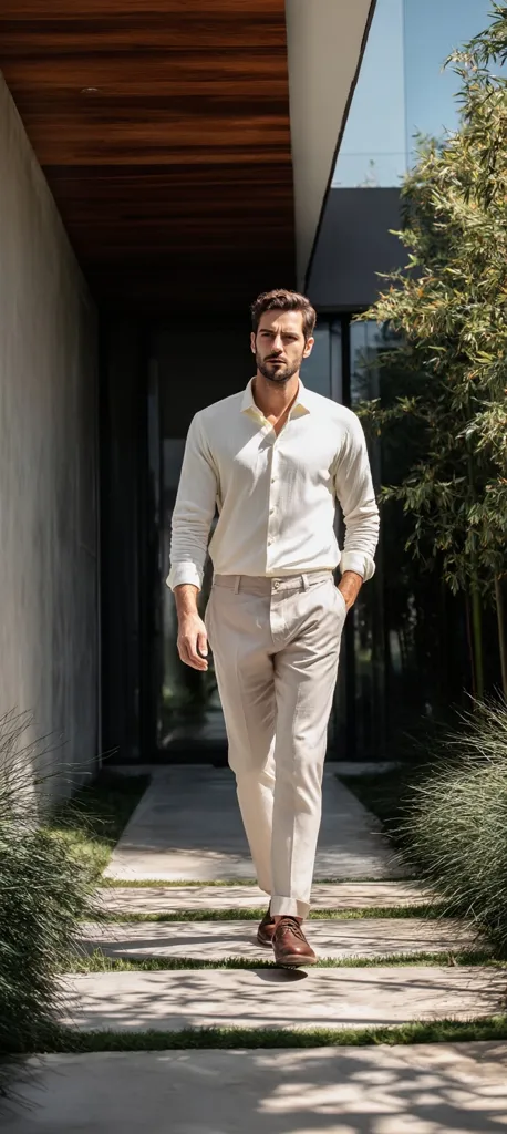 A man in a cream-colored linen shirt and light beige trousers walks along a sun-dappled pathway.  The setting is modern and luxurious, with a sleek architectural background and lush landscaping. He wears brown leather shoes and carries a relaxed yet sophisticated demeanor.  The overall impression is one of effortless style and upscale living.