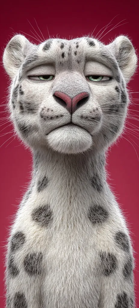 A digitally rendered snow leopard, depicted from the chest up, is shown against a solid crimson background.  The creature has a realistic fur texture and coloration, with dark grey spots scattered across its predominantly white coat. Its expression is one of mild displeasure or boredom, its eyes slightly narrowed.  The image's focus is on the animal's detailed fur and subtly expressive face.
