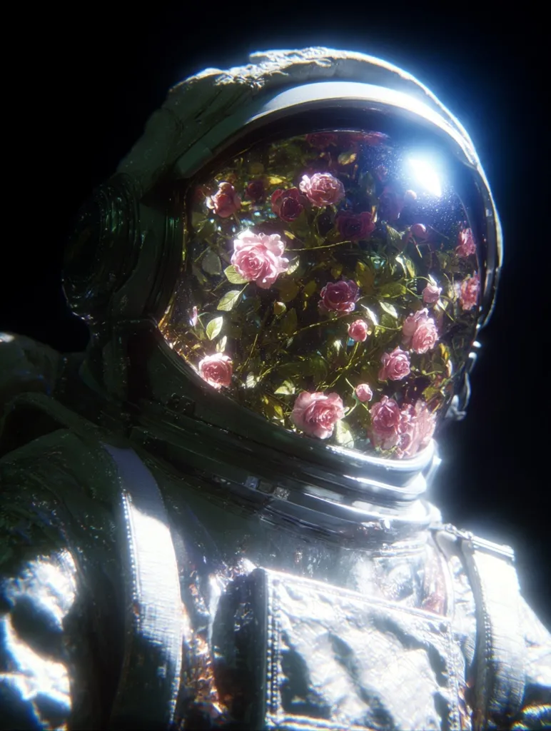 A weathered astronaut's helmet is filled with vibrant pink roses, creating a surreal juxtaposition of space exploration and delicate nature.  The helmet's surface shows signs of wear and tear, contrasting with the fresh blooms within. The dark background emphasizes the astronaut's solitary presence, making the floral spectacle inside the helmet even more striking. The image evokes a sense of wonder and the unexpected beauty found in the vastness of space.
