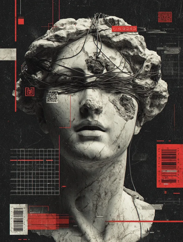 A weathered classical bust, seemingly of a woman, is bound by numerous dark wires obscuring her eyes.  The image is overlaid with a stark, futuristic grid and red, barcode-like elements, suggesting a clash between antiquity and technology.  The fragmented stone and digital overlays create a sense of decay and technological intrusion, raising questions about identity and surveillance.