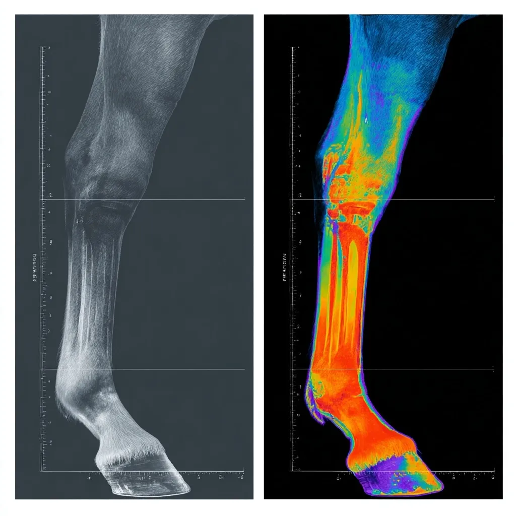 A side-by-side comparison of a horse's leg.  The left image is a grayscale X-ray, showing the bone structure and soft tissue. The right image is a thermographic scan, displaying a color-coded heat map representing temperature variations in the leg.  Both images are scaled and provide a detailed view from the fetlock to the hoof.  The thermogram highlights potential areas of inflammation or injury not as readily apparent in the X-ray.