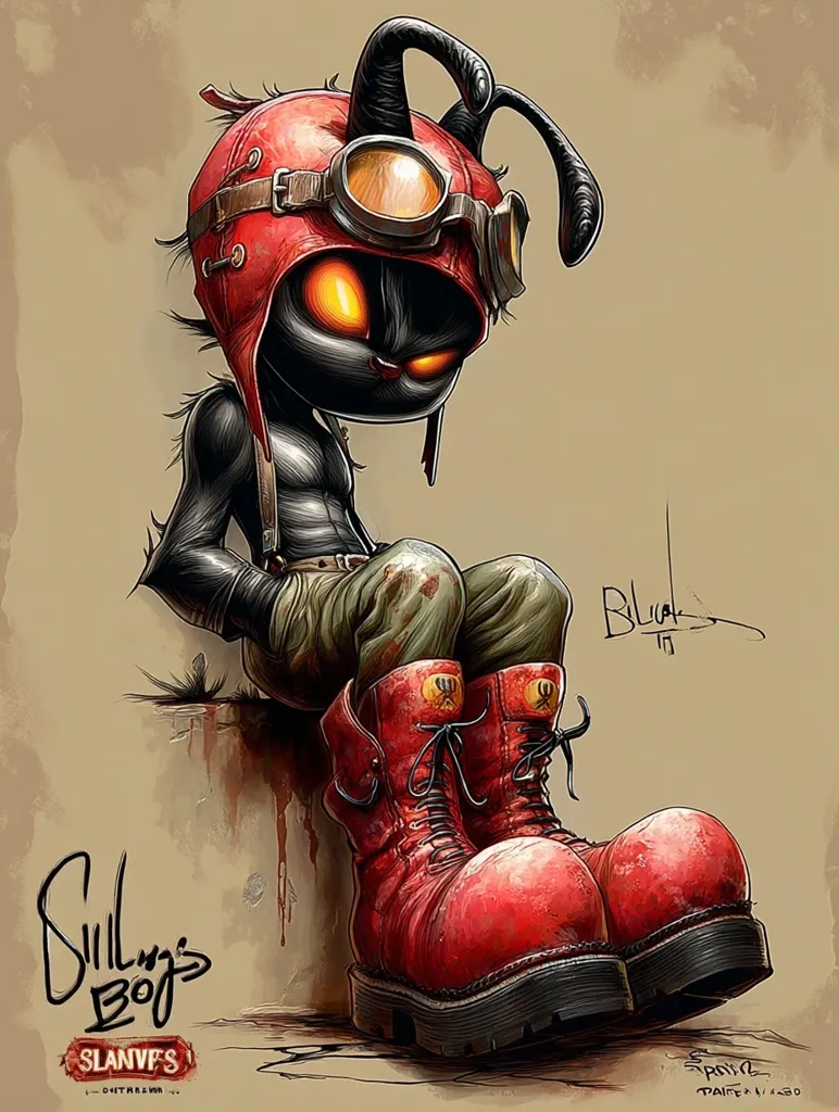 A digital painting depicts a small, anthropomorphic creature resembling a black cat. It wears a red aviator helmet with goggles, olive green pants, and oversized red boots.  The creature sits on a ledge, its expression somewhat melancholic. The style is dark fantasy, with a gritty texture and bold colors.  The artist's signature is visible in the bottom left corner, alongside a stylized logo.  The overall impression is one of whimsical darkness.