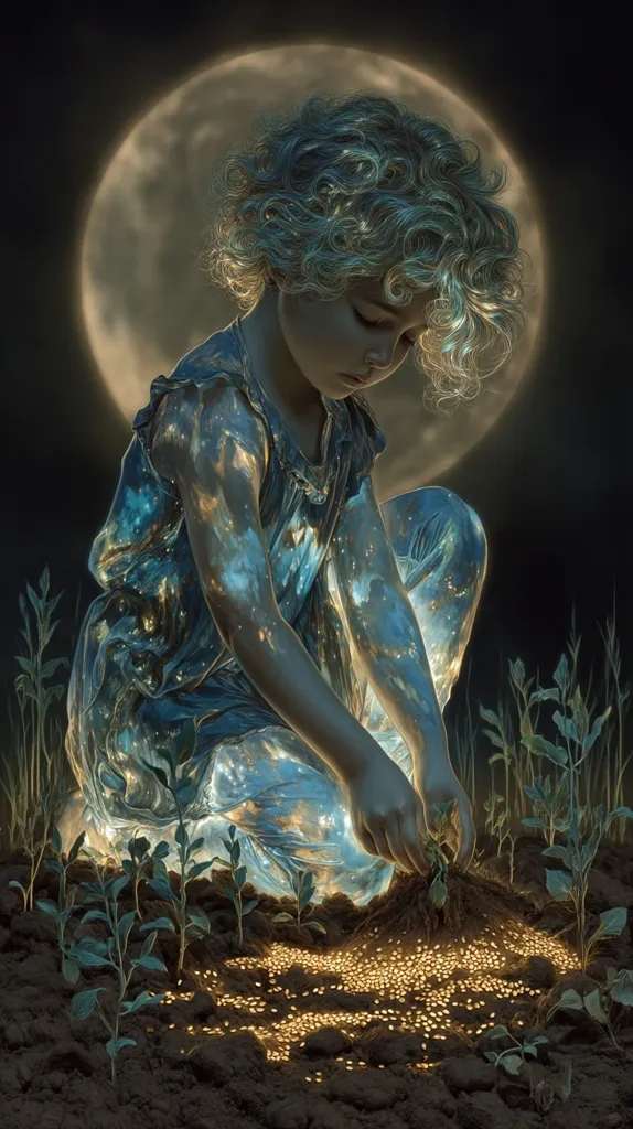 A young girl, seemingly ethereal with a luminescent, celestial-patterned dress, kneels in a moonlit garden.  She plants seeds that glow with golden light, her actions imbued with a mystical, nurturing quality. The scene is dreamlike and evocative, suggesting a connection between the child and the natural world, a symbol of growth and magic under the watchful eye of the full moon.