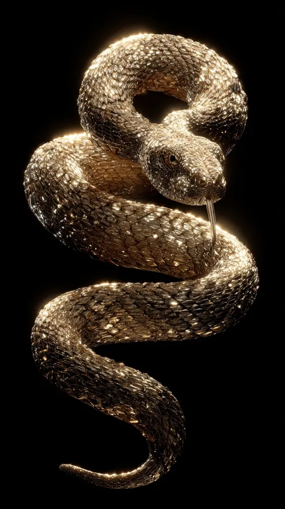 A digital rendering showcases a golden snake, its scales meticulously detailed and shimmering.  The snake is coiled in an elegant S-shape against a stark black background.  The lighting highlights the texture and metallic sheen of the scales, creating a luxurious and captivating image.  The snake's head is slightly raised, its tongue subtly visible.