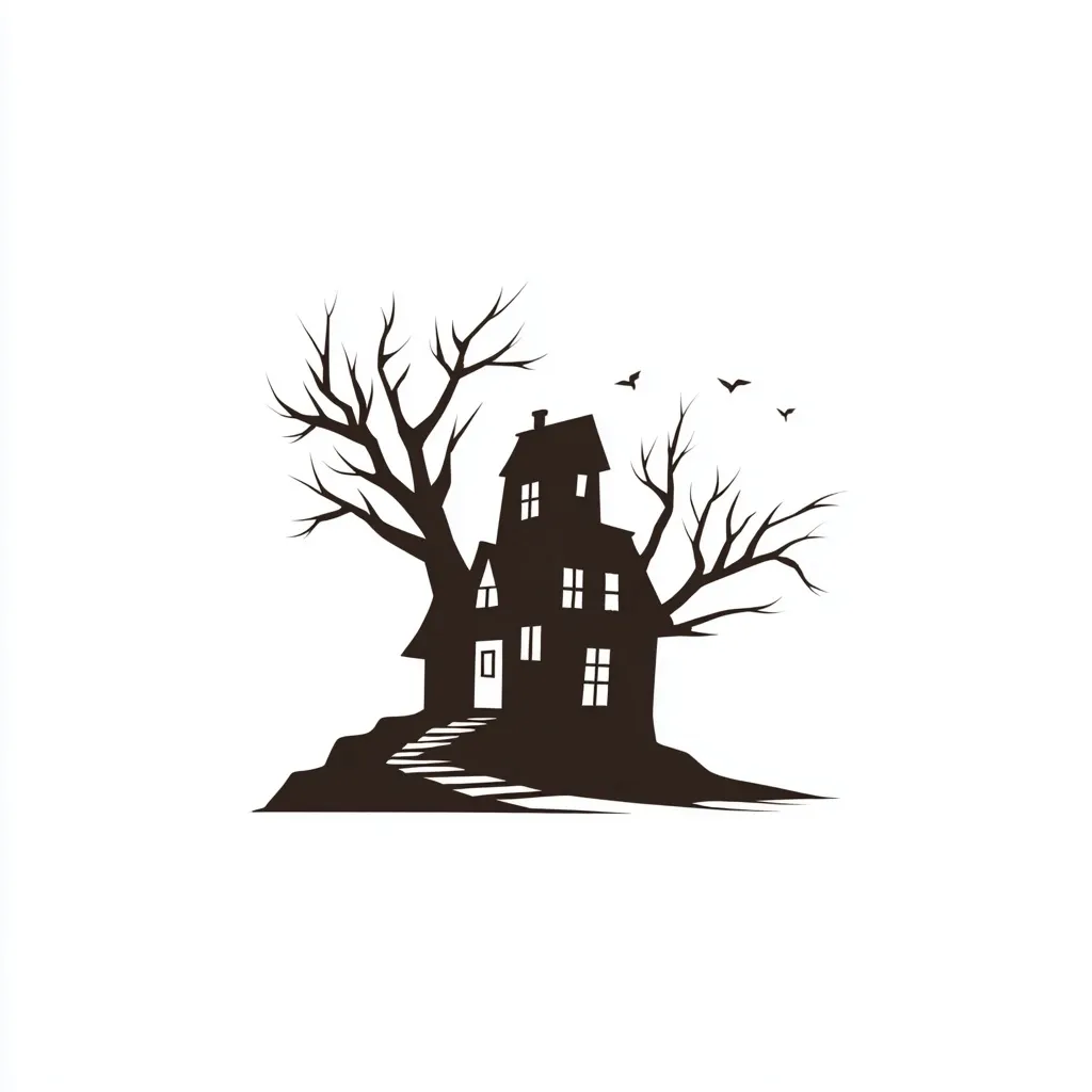 A haunting silhouette of a spooky house nestled amongst bare, gnarled trees.  Bats fly overhead against a stark white background.  The house, dark and ominous, features a visible staircase leading to its entrance.  The overall image evokes a classic Halloween theme, emphasizing mystery and a sense of foreboding.