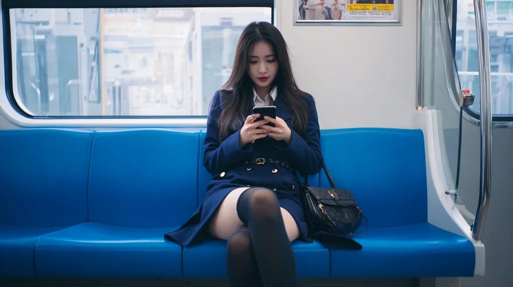A young woman with long dark hair sits on a blue subway seat, engrossed in her smartphone. She's dressed in a dark blue coat, black tights, and knee-high socks. A black handbag rests beside her.  The subway car's window shows a blurred city street scene.  The overall mood is quiet and contemplative.