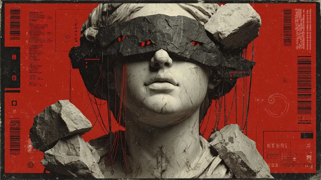 A weathered classical bust, its eyes obscured by rough, dark stone, is depicted against a vibrant red backdrop.  Thin, dark wires trail from the stone covering the eyes, adding a futuristic, dystopian element.  Rough, grey rocks surround the bust, creating a sense of decay or destruction. The red background features technical data and design elements, suggesting a technologically advanced, yet possibly oppressive, environment.