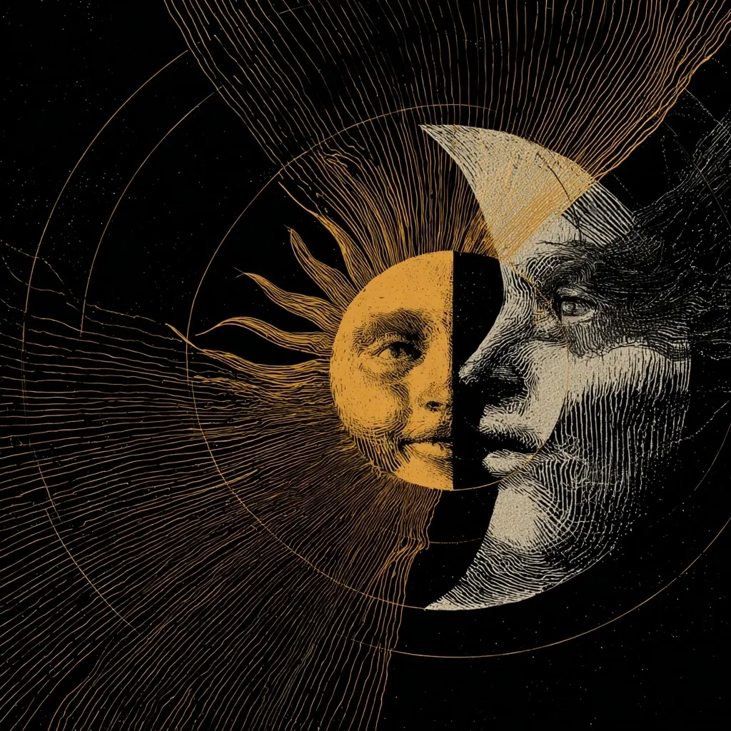 A captivating illustration merges a sun and moon, their faces intertwined.  The sun, rendered in warm gold hues, contrasts with the cool tones of the moon.  Intricate linework creates a celestial aura, radiating from the sun and swirling around the crescent moon.  The artwork suggests a duality, a cosmic dance of light and shadow, presented in a vintage, almost woodcut style against a dark, starry backdrop.