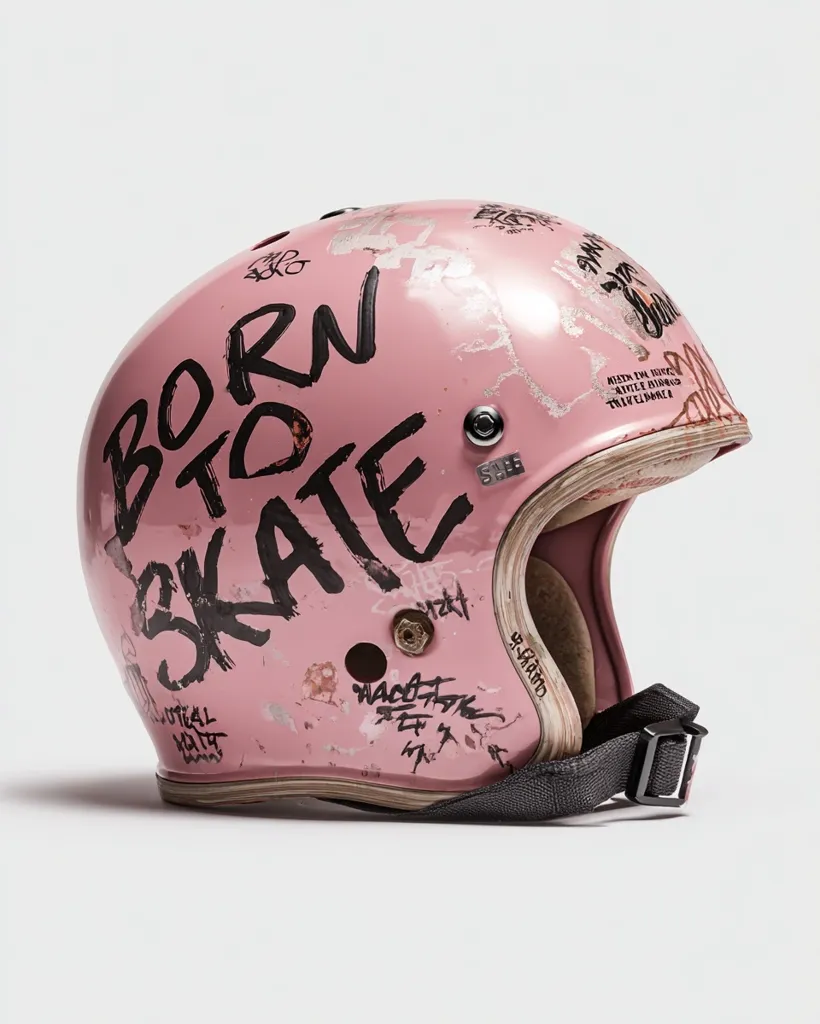 A pink helmet, adorned with graffiti-style lettering, prominently displays "BORN TO SKATE" in bold black script.  Additional markings and smaller text cover the surface, adding to its distressed, urban aesthetic.  The helmet appears to be a vintage-style design with a slightly worn finish, contributing to its unique character.  The chin strap is black.
