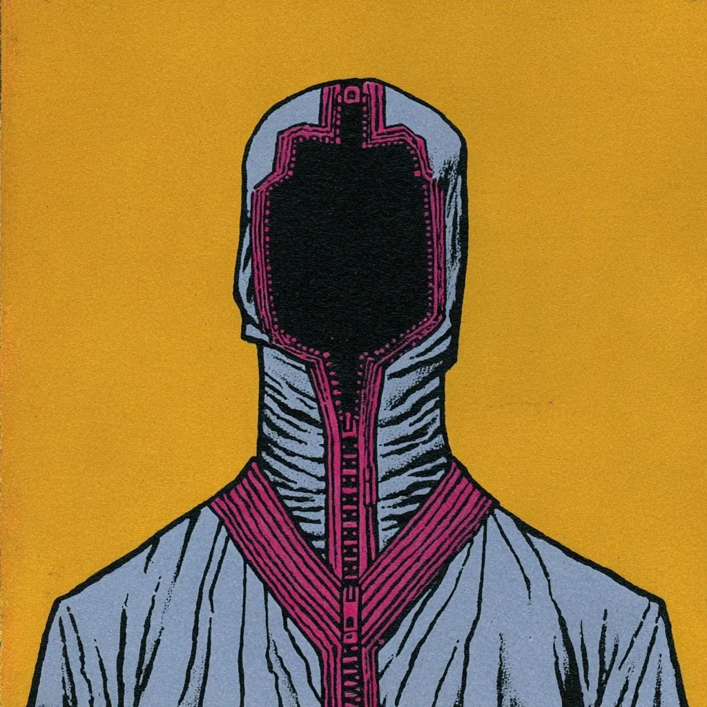 A stylized illustration depicts a figure cloaked in a hooded, zippered garment against a vibrant yellow backdrop. The face is concealed by the garment's design, creating an anonymous, almost futuristic presence. The figure's attire is detailed with bold lines and a color palette featuring muted grays and a contrasting, bright pink zipper. The overall style suggests a graphic novel or comic book aesthetic.