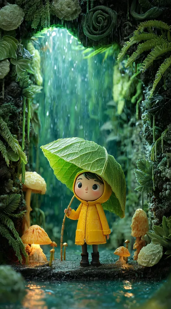 A charming miniature figure, wearing a yellow raincoat, stands under a large leaf umbrella in a lush, rain-soaked forest.  Surrounding the figure are glowing mushrooms and vibrant green plants. The scene is meticulously detailed, creating a whimsical and enchanting atmosphere.  Rain falls gently, highlighting the damp forest floor and reflecting light on the water.