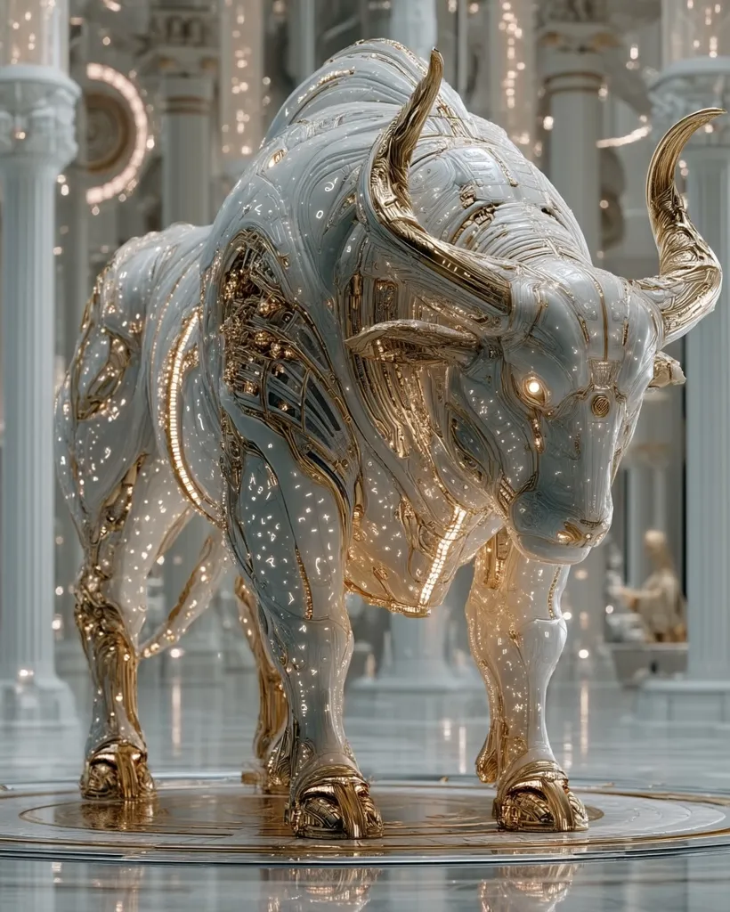A majestic, metallic bull statue stands in a grand, white hall.  Its body is primarily off-white, intricately detailed with gold accents and glowing elements, giving it a futuristic, almost biomechanical appearance. The bull's powerful stance and ornate design suggest both strength and elegance, creating a striking visual centerpiece within the opulent architecture.
