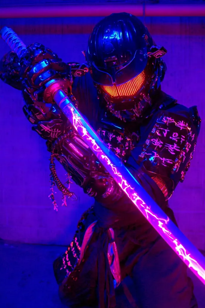 A cyberpunk samurai warrior, clad in a futuristic black suit adorned with kanji characters, wields a glowing pink and blue katana.  The helmet features LED lights, illuminating the face. The scene is bathed in vibrant purple and blue neon lighting, creating a striking visual contrast. The overall aesthetic is a blend of traditional Japanese samurai culture and advanced technology.