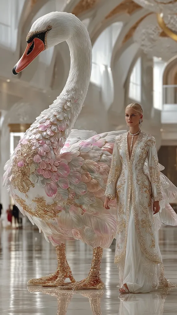 A woman in an ornate, white embroidered gown stands beside a large, exquisitely detailed swan sculpture. The swan's feathers are rendered in shades of white, pink, and gold, creating a luxurious and ethereal effect.  The setting appears to be a grand, opulent interior with high ceilings and marble floors, enhancing the fairytale-like atmosphere.  The image blends fantasy and elegance.