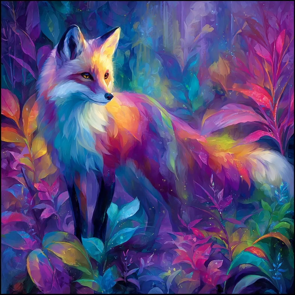 A vibrant painting depicts a fox standing amidst a lush, colorful forest.  The fox's fur shimmers with iridescent hues of orange, blue, and purple, mirroring the fantastical flora surrounding it.  The style is painterly and dreamlike, with a focus on bold colors and soft brushstrokes. The overall mood is magical and serene.