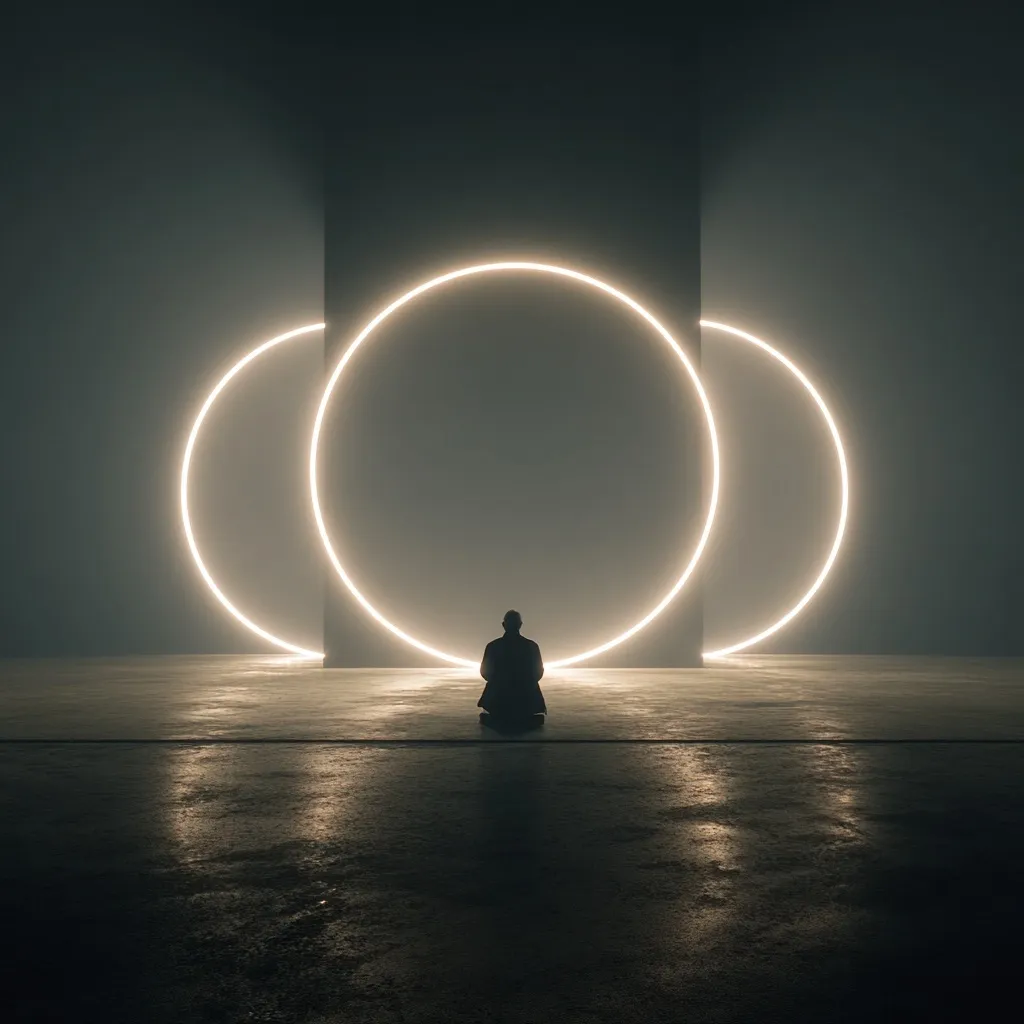 A solitary figure sits in a dimly lit, expansive space.  Two large, luminous rings, seemingly emanating light, flank a central, taller rectangular structure. The scene is minimalist and atmospheric, evoking a sense of mystery and contemplation. The figure's silhouette is stark against the glowing circles, creating a visually striking contrast. The overall mood is one of quiet introspection and potential symbolism.