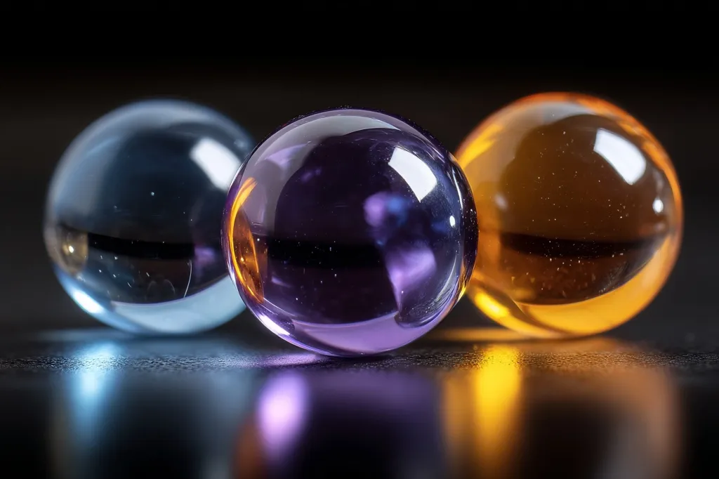 Three translucent spheres rest on a dark surface.  The sphere on the left is light blue, the center sphere is a rich purple, and the sphere on the right is amber.  The spheres are highly reflective, showing subtle highlights and reflections. The dark background emphasizes the vibrant colors and glassy texture of the objects.