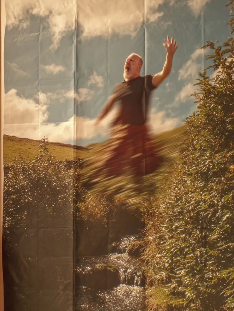 A shower curtain depicts a motion-blurred image of a bald, middle-aged man with an open mouth, seemingly running or leaping across a grassy hillside towards a small stream.  The sky is partly cloudy, and the man's clothing is dark. The overall effect is one of dynamic energy and freedom set against a serene landscape.