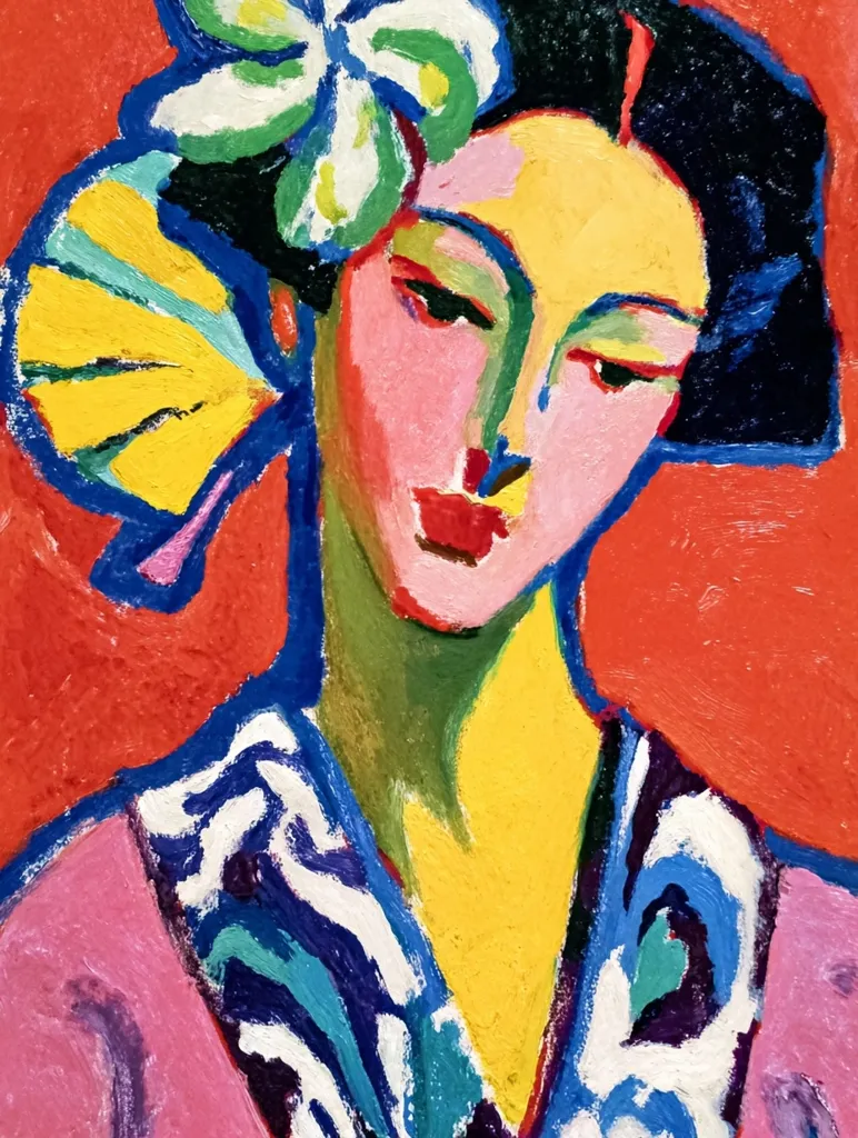 A vibrant, expressive portrait of a woman, possibly inspired by Japanese aesthetics.  Bold strokes of pink, yellow, and blue depict her face and a patterned kimono.  A large, stylized white flower and yellow fan adorn her dark hair, creating a striking contrast against the red background. The artist uses a thick impasto technique, emphasizing texture and form. The overall style is bold and highly saturated.