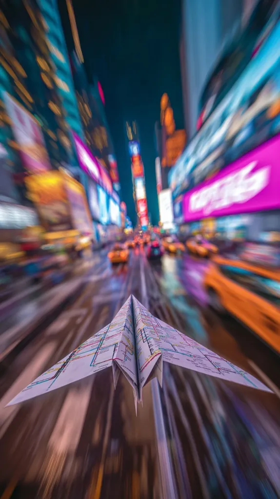 A paper airplane, crafted from a city map, soars through a vibrant, motion-blurred cityscape.  The blurred background suggests rapid movement, possibly a car journey, down a busy street at night.  Bright neon signs of Times Square create a dazzling, energetic backdrop to the paper plane's flight.  The image conveys a sense of speed, adventure, and urban exploration.