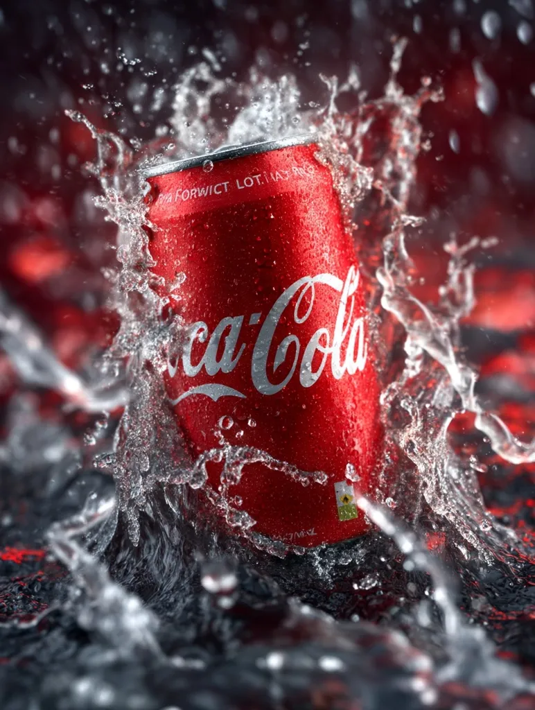 A Coca-Cola can is submerged in a splash of water. The can is red and features the iconic Coca-Cola logo. Water droplets are everywhere, creating a dynamic and refreshing visual. The background is a blurred dark red, enhancing the focus on the can and the water.  The overall image is vibrant and captures the essence of a cold, refreshing drink.