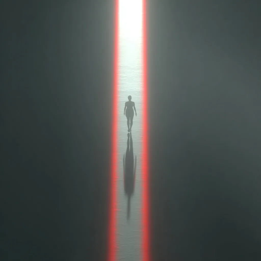 A solitary figure walks down a narrow, brightly lit path, their shadow stretching long behind them.  The path is a vibrant red glow against a dark, undefined background. The overall impression is one of mystery and a journey into the unknown. The silhouette suggests vulnerability yet determination.  The stark contrast between light and shadow heightens the sense of isolation and purpose.