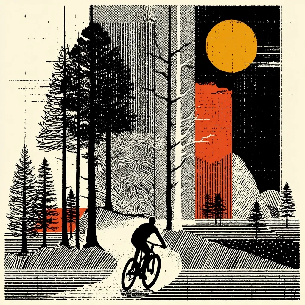 A stylized linocut print depicts a mountain biker traversing a forest path.  The scene is composed of bold black and white lines, textured areas representing trees and terrain, and blocks of orange and beige.  A large, stylized sun dominates the upper right, adding warmth to the otherwise stark landscape. The overall aesthetic is modern and graphic, with a focus on strong shapes and contrasts.