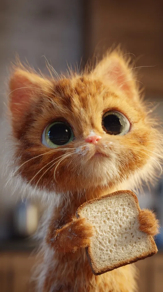 An adorable, orange kitten with large, expressive eyes holds a slice of bread.  Its fur is fluffy, and a bit of what appears to be milk or cream is on its chin.  The kitten's gaze is directed slightly upward, giving it a sweet and innocent expression. The background is blurred, focusing attention on the charming feline and its bread.