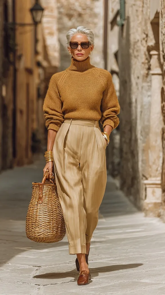 A stylish older woman with short gray hair strolls down a sun-drenched cobblestone street. She's dressed in a sophisticated ensemble: a mustard-colored turtleneck sweater, beige pinstripe wide-leg trousers, and brown loafers.  She carries a large woven handbag and wears sunglasses, completing a chic and effortlessly elegant look.  The warm tones of her clothing complement the rustic Italian setting.