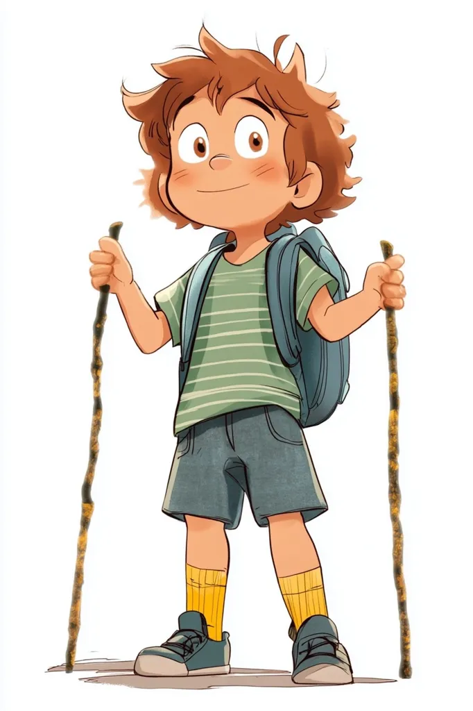 A cheerful young boy, with reddish-brown hair and a bright expression, is depicted embarking on a hike. He's equipped with a small backpack, sturdy walking sticks in each hand, and is wearing a striped shirt, shorts, and yellow socks.  His confident stance and happy demeanor suggest an adventurous spirit ready for exploration. The illustration style is whimsical and cartoonish.