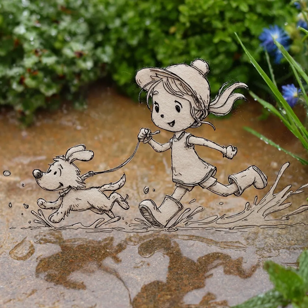 A whimsical illustration depicts a girl and her dog joyfully splashing through a puddle.  The girl, wearing a cap and rain boots, holds the dog's leash as they run, creating playful water splashes. The scene is set against a backdrop of lush greenery, subtly suggesting a rainy day.  The art style is reminiscent of a child's drawing, charming and lighthearted.