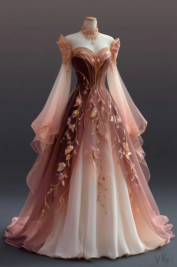 A breathtaking gown, ombre in deep rose and ivory, is displayed on a mannequin.  Intricate gold embroidery, resembling delicate floral vines and leaves, adorns the bodice and skirt.  The long sleeves are sheer and layered, adding to the ethereal and romantic feel of the design. The gown's overall aesthetic is fantasy-inspired, reminiscent of an elegant princess or fairy.