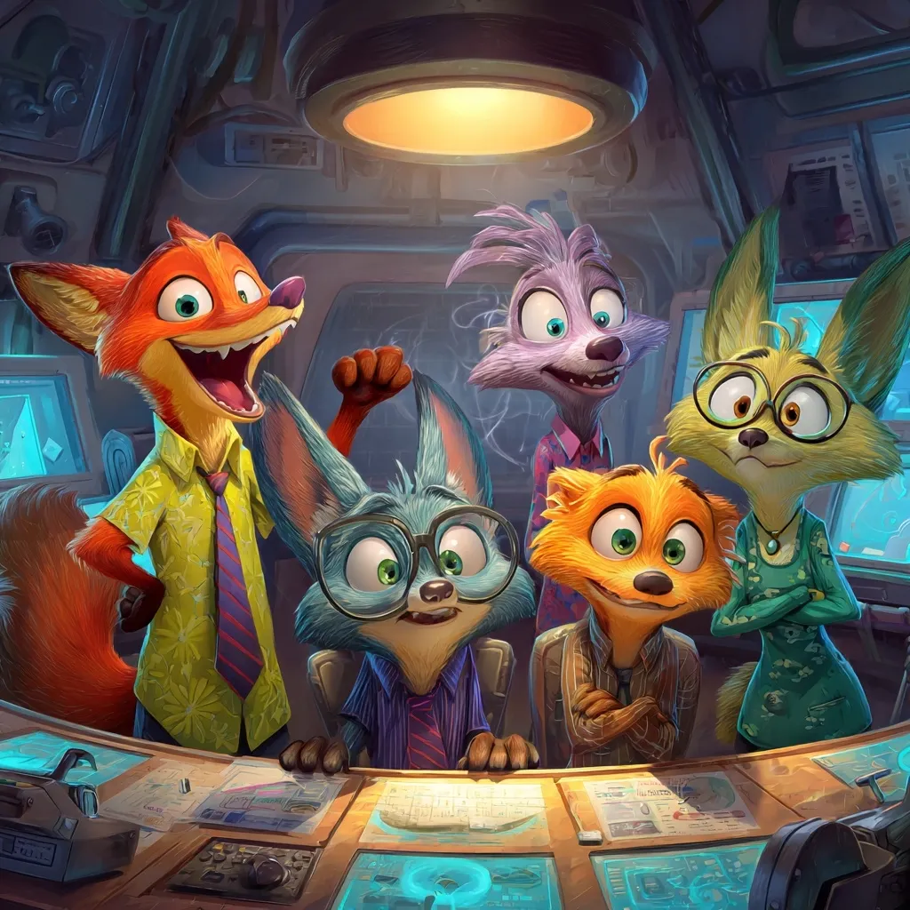 A vibrant illustration showcases a team of anthropomorphic animal agents gathered around a futuristic control panel.  A red fox, enthusiastically raising a fist, stands beside a blue fennec fox in glasses.  Two other foxes, one purple and one yellow-green, also participate, creating a diverse and energetic team.  The setting suggests a high-tech command center, filled with monitors and equipment, adding to the exciting atmosphere.