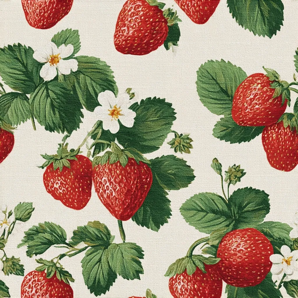 A repeating pattern of ripe red strawberries and their green foliage on a creamy background.  The detailed botanical illustration shows strawberries in various stages of ripeness, some with white blossoms, creating a charming and summery design.  The style is reminiscent of vintage textile prints.