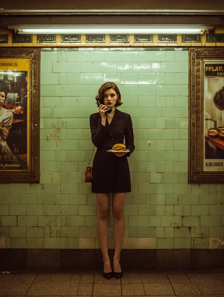 A stylish woman in a black dress stands in a vintage subway station, holding a burger and using a rotary phone.  The green tiled walls are adorned with aged advertisements.  She exudes a retro, sophisticated air, creating a striking contrast between her modern attire and the old-world setting.  The image is moody and atmospheric, capturing a moment of quiet contemplation.