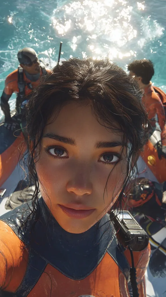 A close-up selfie of a young woman in an orange wetsuit, her face wet and sun-kissed.  She's in the foreground, sharply in focus, while two other people in similar wetsuits are blurred in the background on a boat amidst bright, sunlit ocean water.  The overall feel is one of adventure and aquatic activity.