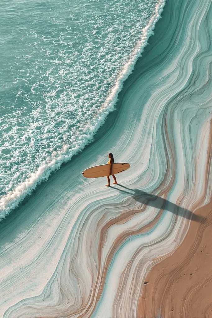 An aerial view captures a surfer girl standing on a beach with her surfboard. The sand exhibits striking, swirling patterns in shades of teal, white, and beige, resembling a marbled effect.  A gentle wave rolls in from a turquoise ocean, creating a serene and visually stunning contrast against the unique beach texture. The scene is peaceful and aesthetically pleasing.