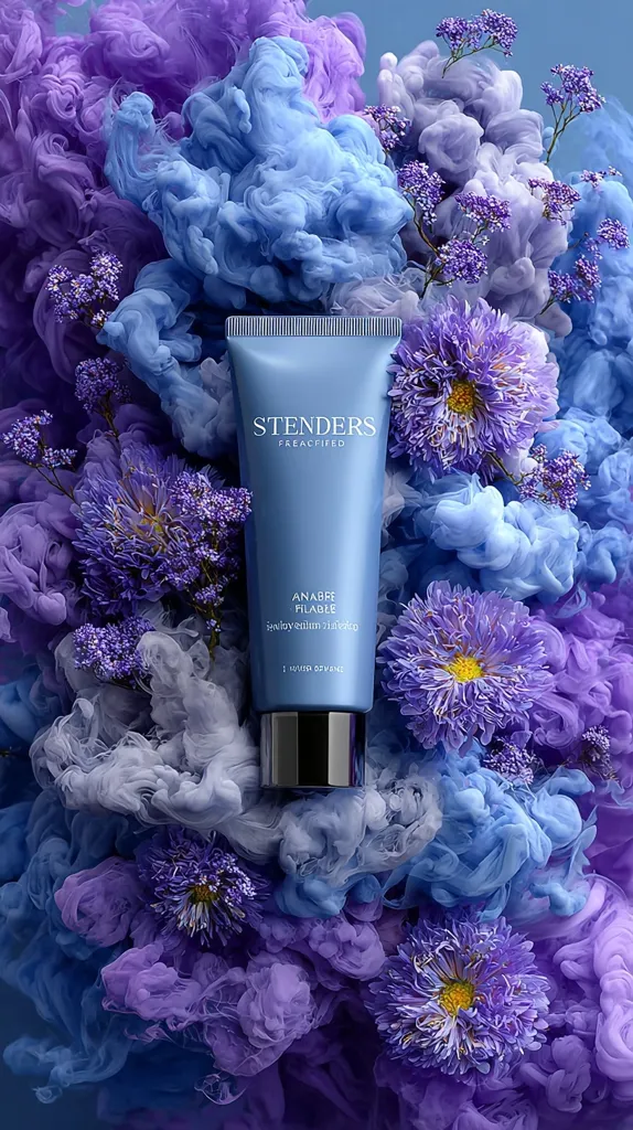 A tube of Stenders Freacified Anabre Filable face cream is nestled amongst vibrant purple and blue flowers and swirling ink clouds.  The product's sleek, light blue packaging stands out against the rich, colorful backdrop. The image evokes a sense of luxury and tranquility, highlighting the product's beauty and potentially its natural ingredients.