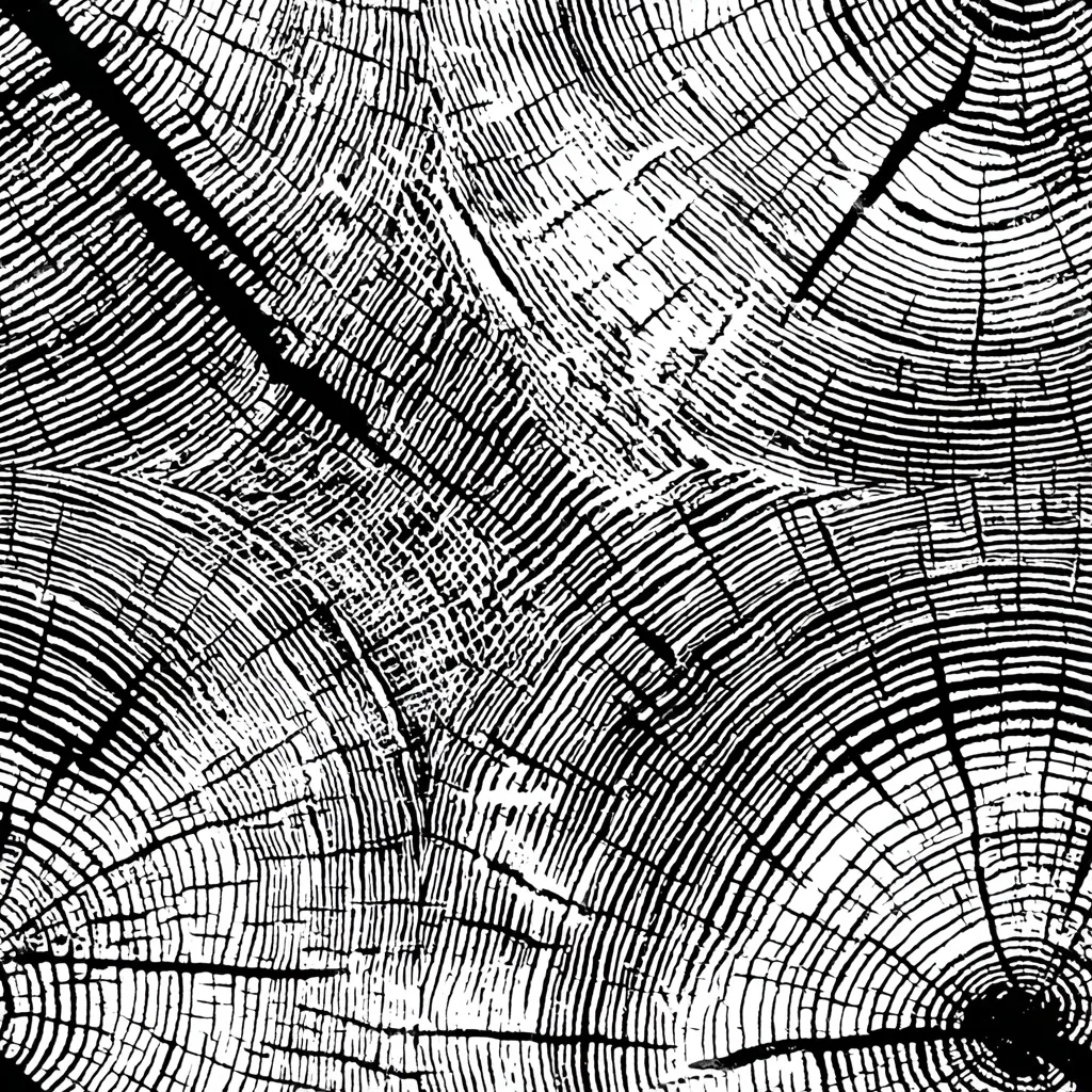 The image is a close-up, black and white depiction of a cross-section of a tree trunk.  The concentric growth rings are highly detailed, exhibiting a textured, almost abstract pattern.  Cracks and fissures are visible, adding to the organic, natural feel. The stark contrast between black and white emphasizes the wood grain's intricate structure.