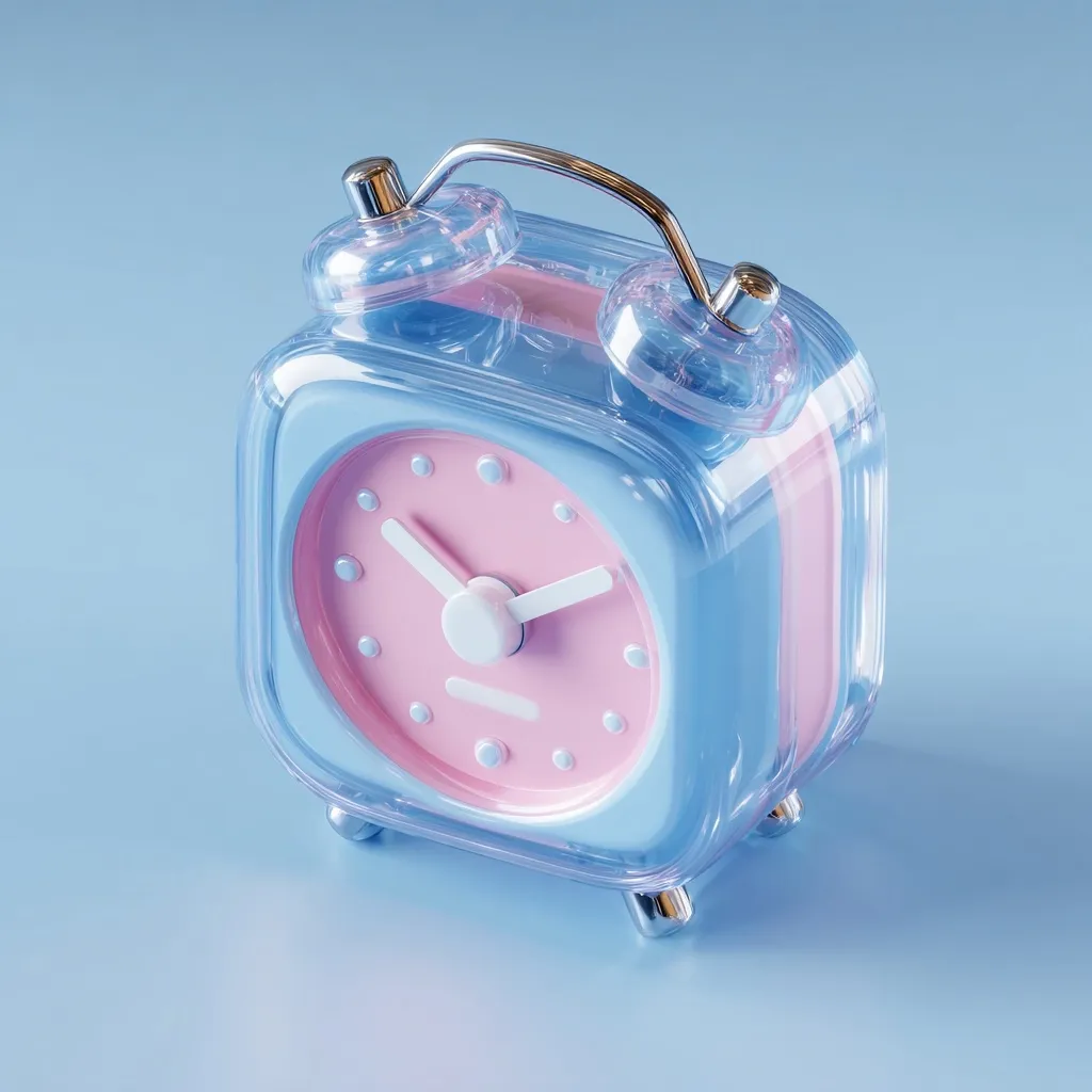 A pastel-colored alarm clock sits on a light blue surface.  The clock is encased in translucent plastic, revealing a light blue and pink design.  The face is a soft pink with white hands and simple markers. The metallic silver bell tops and feet add a touch of contrast to the soft color scheme. The overall aesthetic is minimalist and calming.