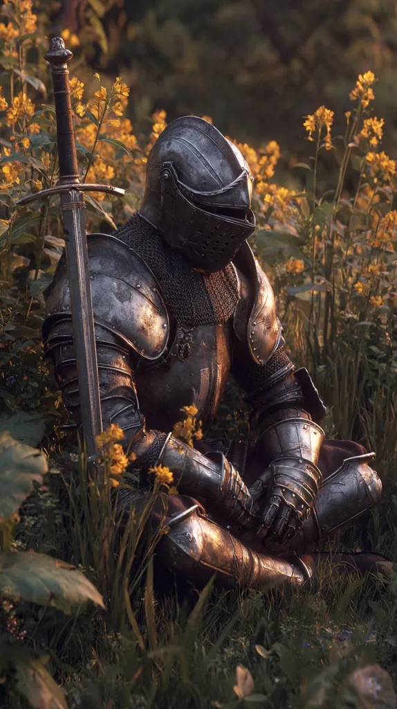 A knight in full plate armor sits cross-legged amidst a field of yellow wildflowers.  His sword rests against the ground beside him. The setting sun casts a warm glow, highlighting the weathered metal of his armor.  He appears contemplative, his head bowed slightly.  The scene evokes a sense of peace and solitude, contrasting the warrior's attire with the serene natural setting.