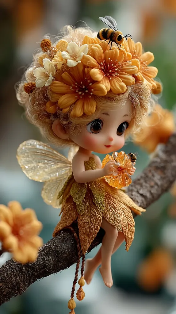 A miniature fairy doll, with blonde curly hair adorned with a crown of autumnal flowers, sits on a branch.  She holds a golden flower, and a tiny bee rests on her floral headpiece.  Her delicate wings shimmer, and her autumn-themed dress complements the surrounding blossoms.  The overall scene evokes a magical, whimsical atmosphere.