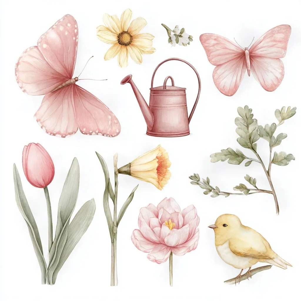 A watercolor illustration featuring a collection of delicate spring elements.  Two pink butterflies, a rusty watering can, tulips, daffodils, peonies, a sprig of foliage, and a small yellow bird are arranged against a white background. The muted pastel color palette creates a soft and gentle aesthetic.  The images are rendered with fine detail, showcasing the beauty of nature.