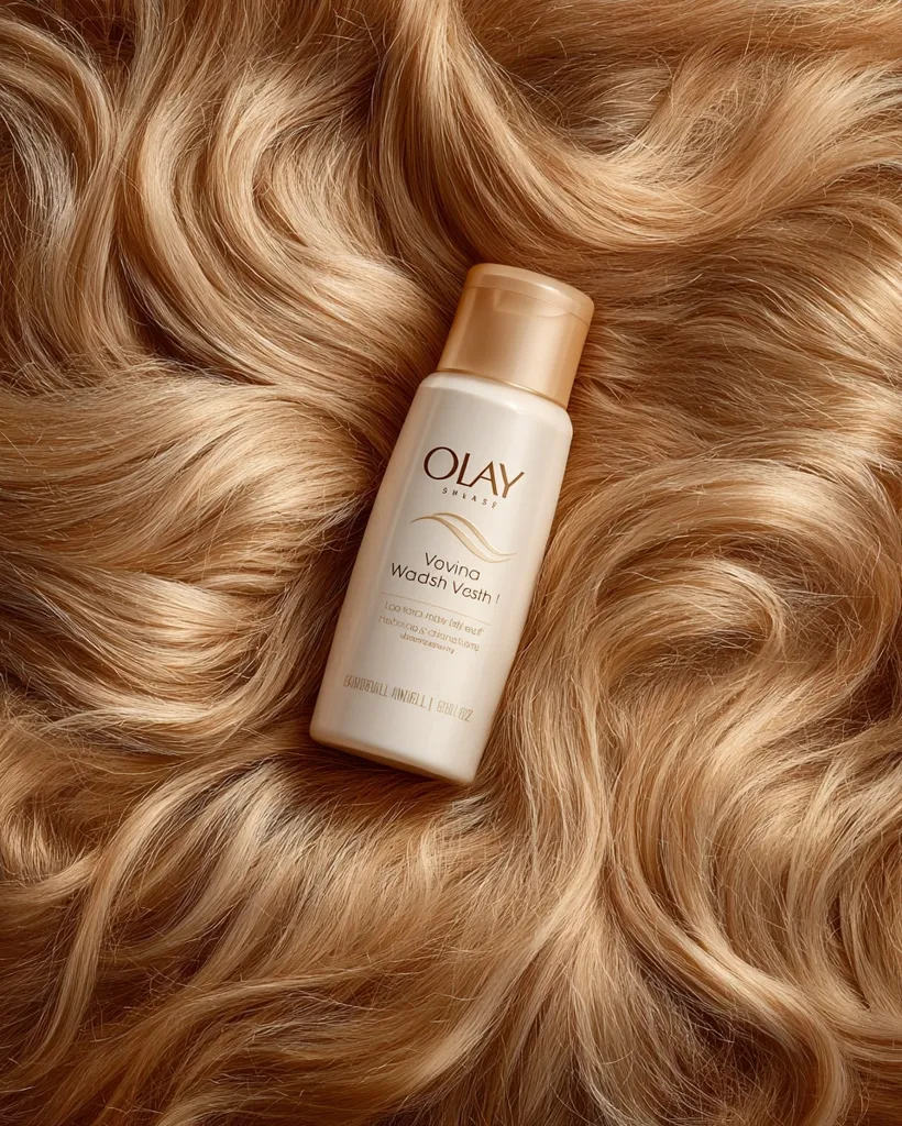 A small bottle of Olay Smoother Vovina Wash Vesth is nestled amongst luxurious, long, flowing blonde hair. The bottle is light beige with gold accents, and the text is partially visible. The image emphasizes the product's potential to enhance hair health and beauty.  The overall aesthetic is clean and sophisticated.