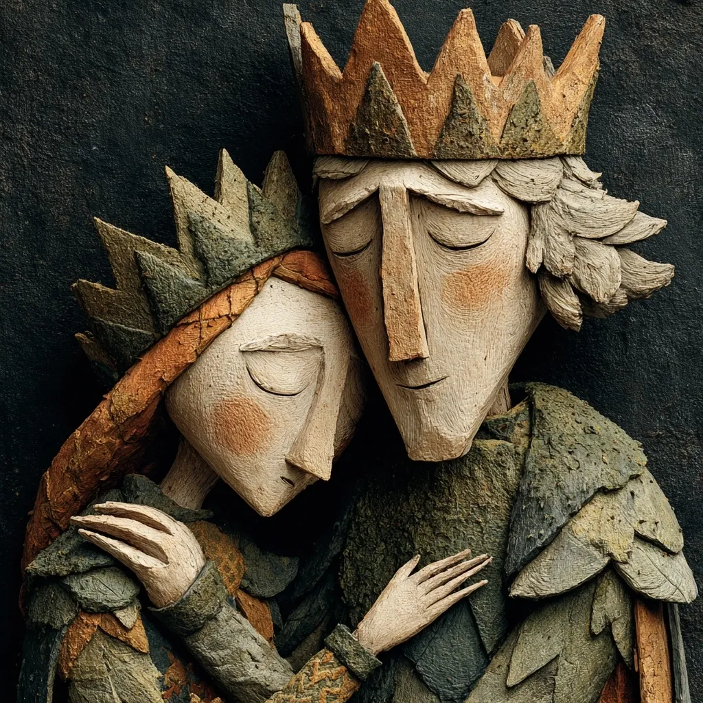 A close-up of a sculpted artwork depicting a king and queen embracing.  The figures are crafted from textured, earthy-toned materials, possibly clay or paper mache.  Their crowns are intricate and detailed, mirroring the stylistic texture of their robes.  The king and queen's faces are expressive, with closed eyes suggesting serenity or sadness. The overall mood is one of quiet intimacy and affection.