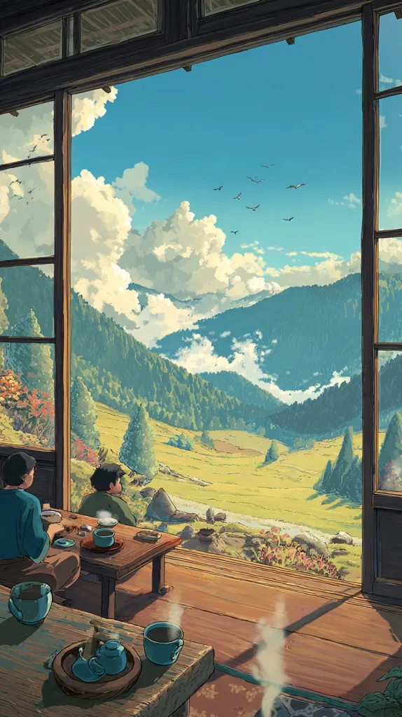 Two figures sit at a low wooden table inside a traditional Japanese home, enjoying tea as they gaze out at a breathtaking view.  Large sliding doors frame a picturesque landscape of rolling green hills, a valley, and a clear blue sky dotted with fluffy clouds and birds.  The scene is serene and peaceful, evoking a sense of tranquility and connection with nature.