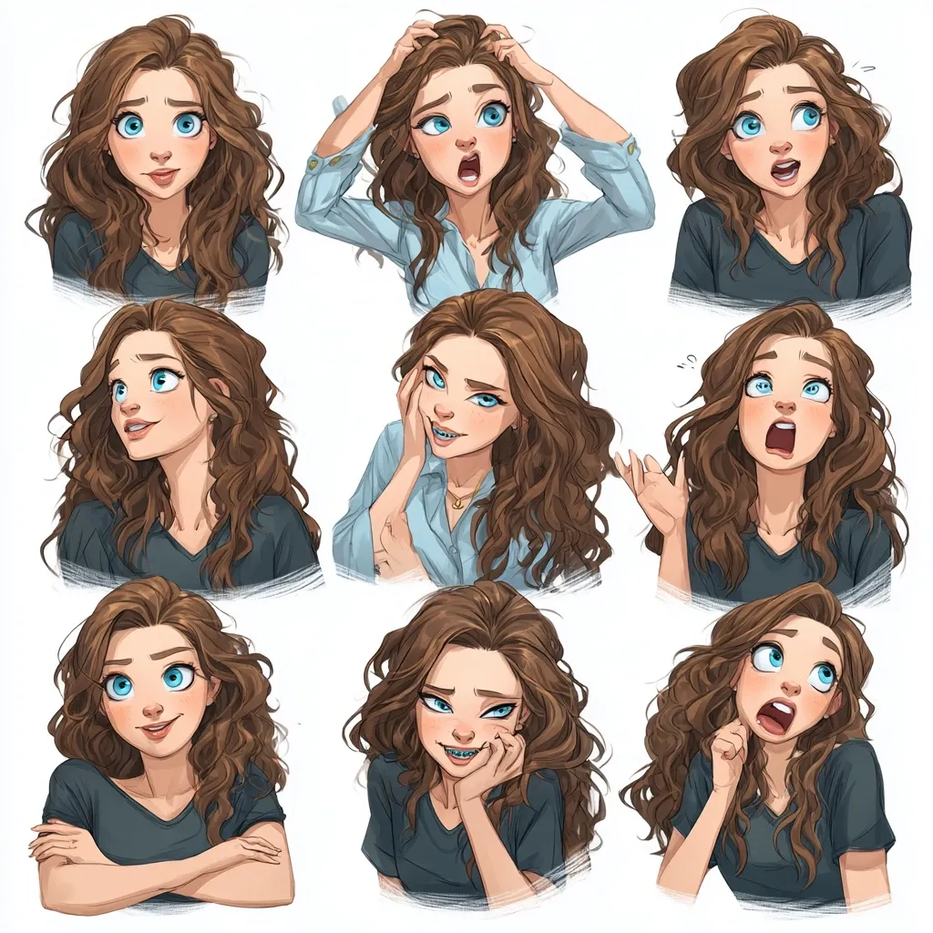 A digital drawing showcases a young woman with long, wavy brown hair, depicted in nine different expressions.  Her large, bright blue eyes and varying facial expressions convey a range of emotions, from surprise and shock to pensive thoughtfulness and contentment. Some images feature her in a light blue shirt, others in a dark gray top.  The style is reminiscent of anime or cartoon illustration.