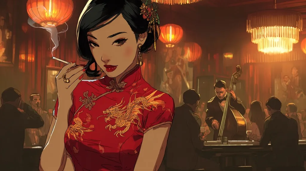 A stylish woman in a red qipao, adorned with golden dragon embroidery, elegantly holds a cigarette in a dimly lit jazz bar.  The ambiance is rich with warm lighting from Chinese lanterns and a chandelier.  A double bass player performs in the background, adding to the sophisticated and mysterious atmosphere.  The scene is evocative of 1930s Shanghai.