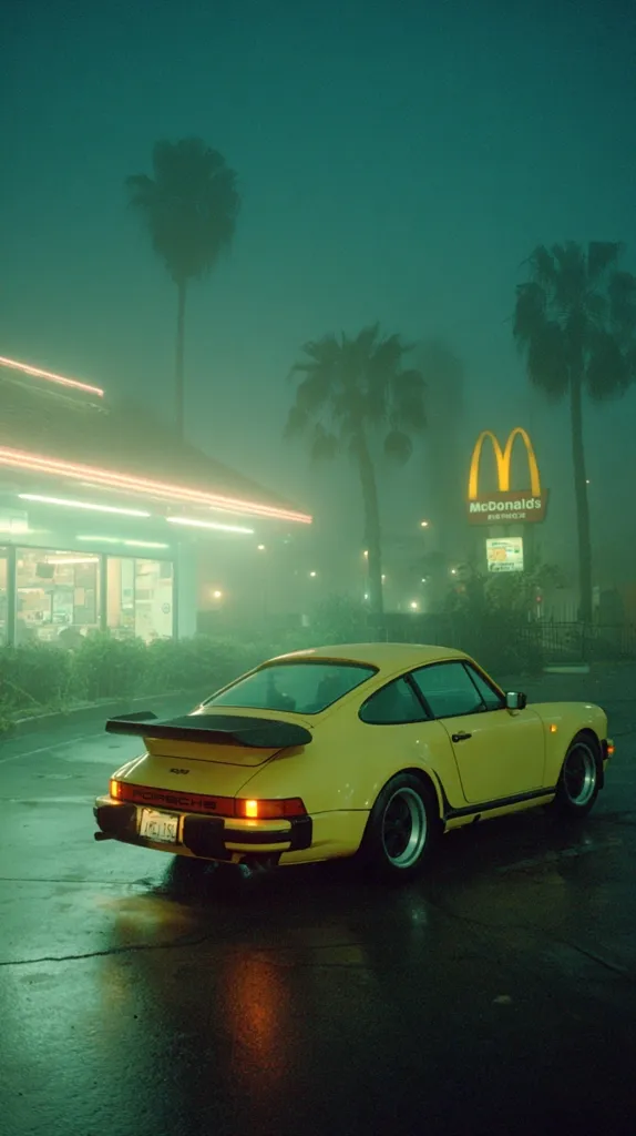 A yellow Porsche 911 Carrera is parked in a McDonald's parking lot on a foggy night.  The scene is bathed in a muted, teal-green light, with palm trees silhouetted against the misty background. Neon lights illuminate the McDonald's building, creating a nostalgic and atmospheric ambiance.  The wet pavement reflects the car's lights and the surrounding environment.